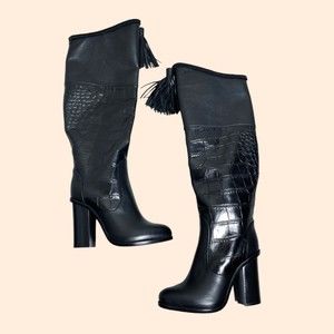 NEW Lanvin Black Croc Embossed Tassel Knee Boots